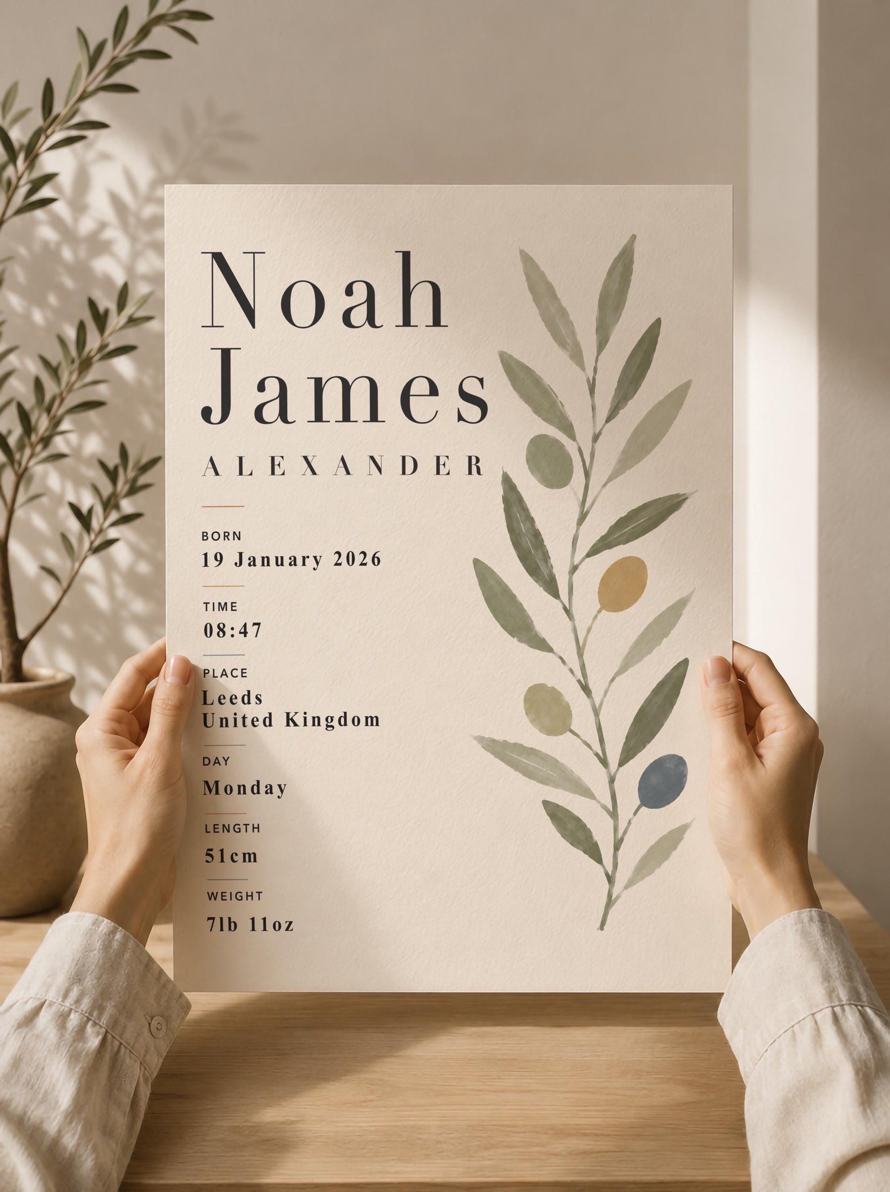 Personalised Botanical Birth Record Print | Custom Nursery Wall Art | Framed or Unframed