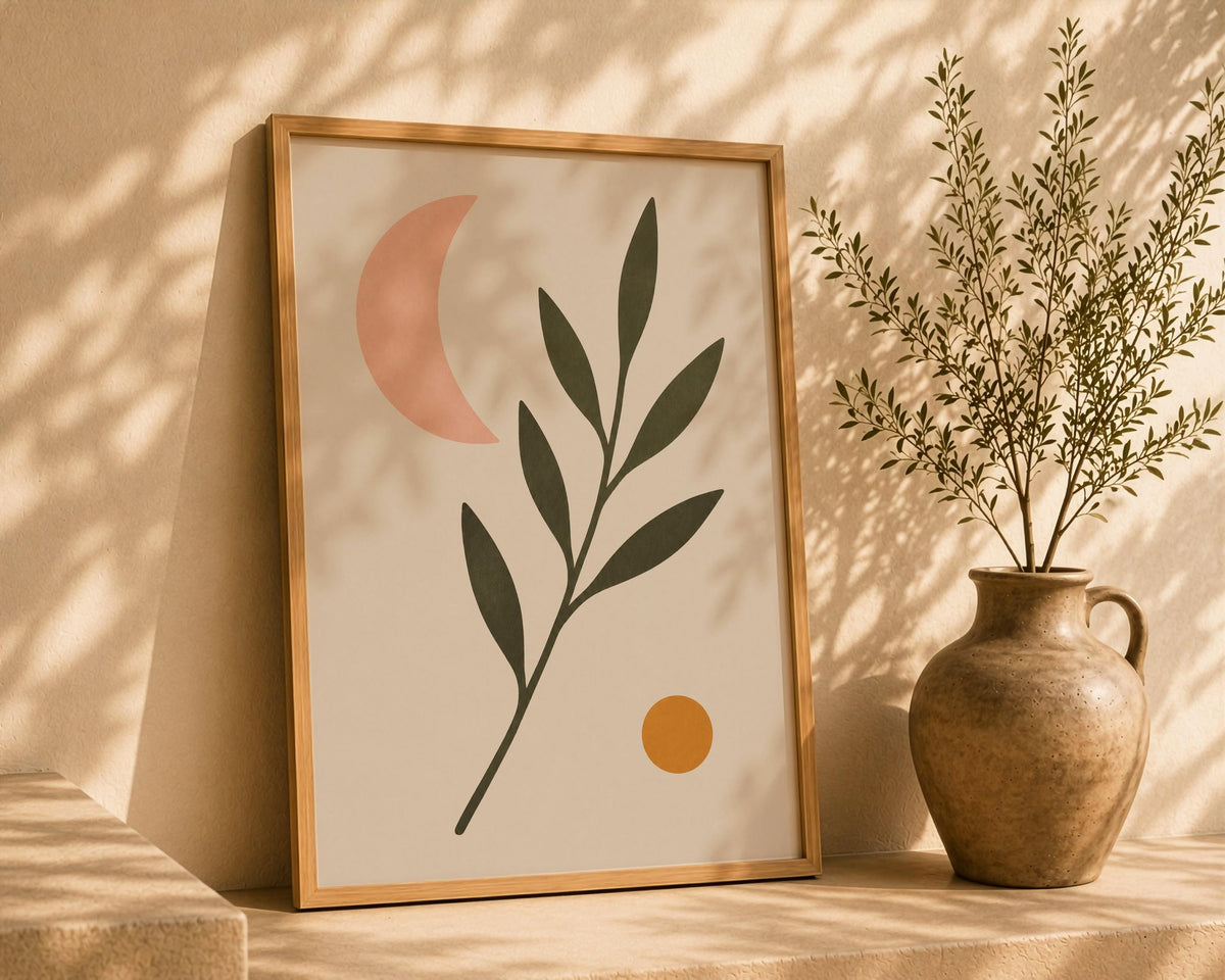Luna Botanical Crescent Moon Print | Minimalist Scandinavian Wall Art | Framed or Unframed