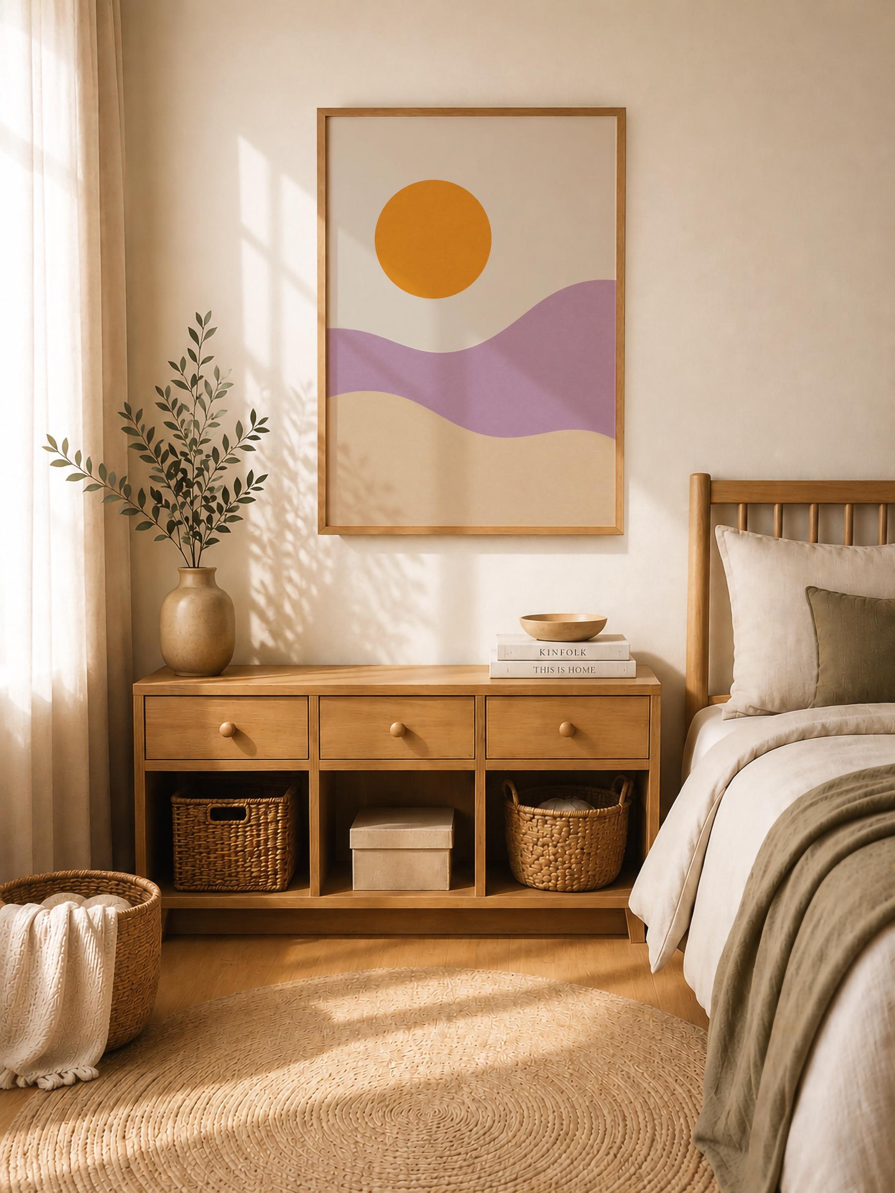 Desert Dunes Abstract Print | Minimalist Lilac Hills, Golden Sun Wall Art | Framed or Unframed