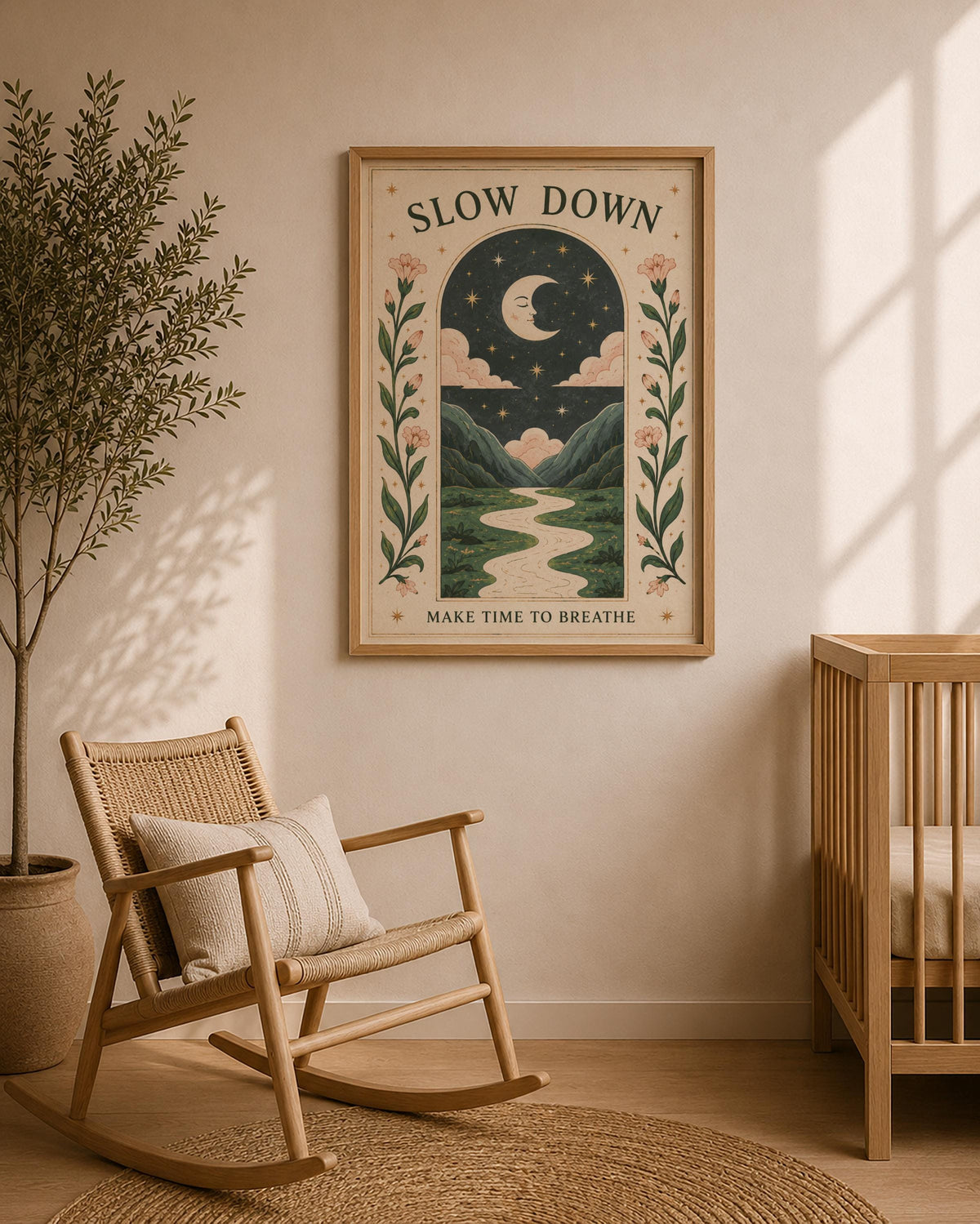 Slow Down Celestial Moon Folk Art Print | Positive Message Folk Art Starry Night Illustration | Framed or Unframed