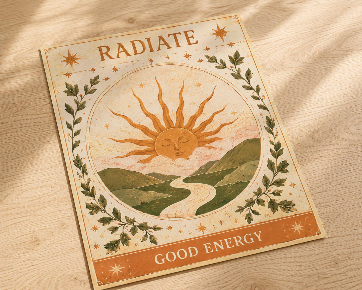 Radiate Good Energy Sun Print | Inspirational Wall Art, Celestial Folk Illustration | Framed or Unframed