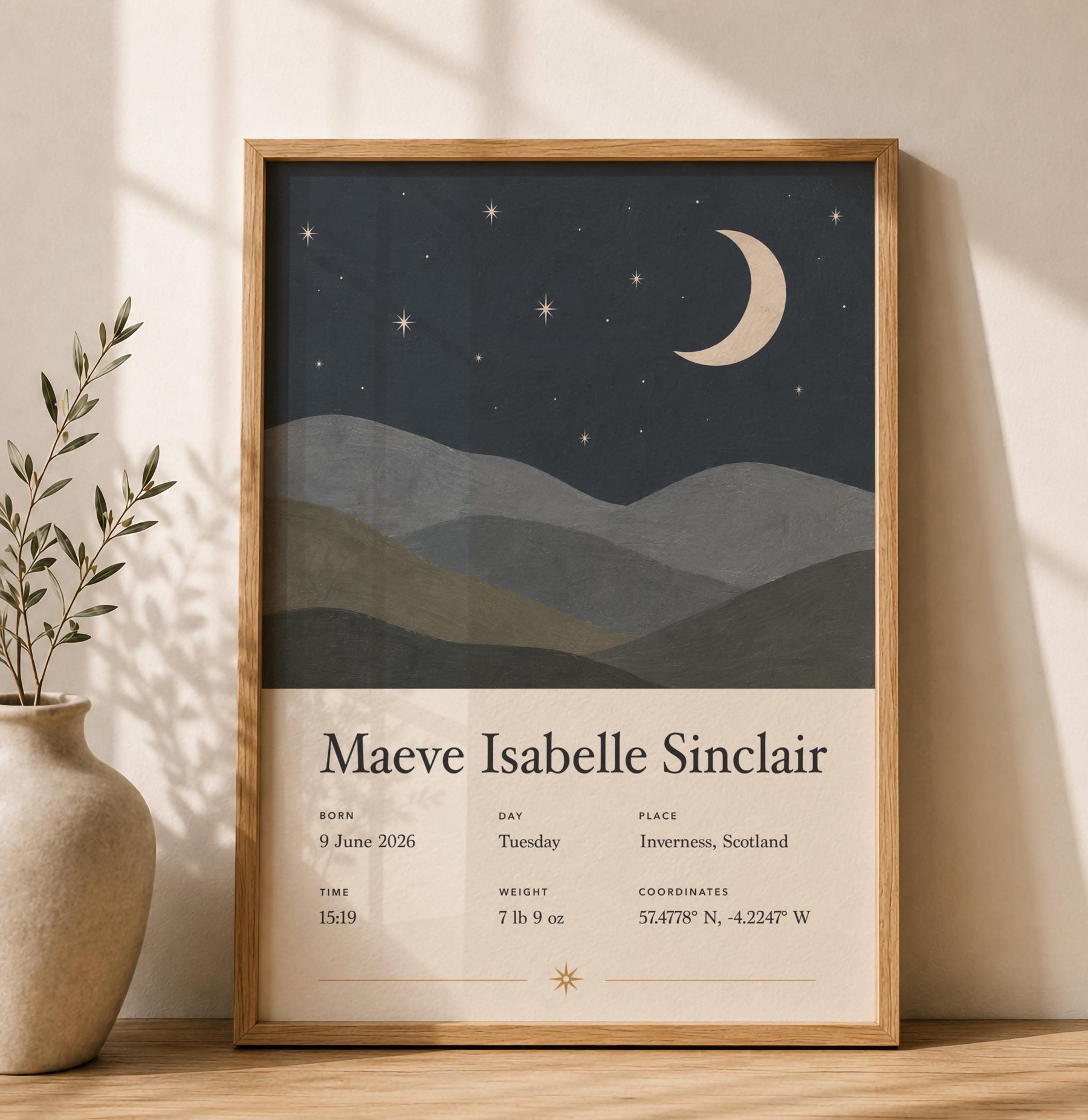 Personalised Moon Stars Birth Story Print | Custom Nursery Wall Art | Framed or Unframed