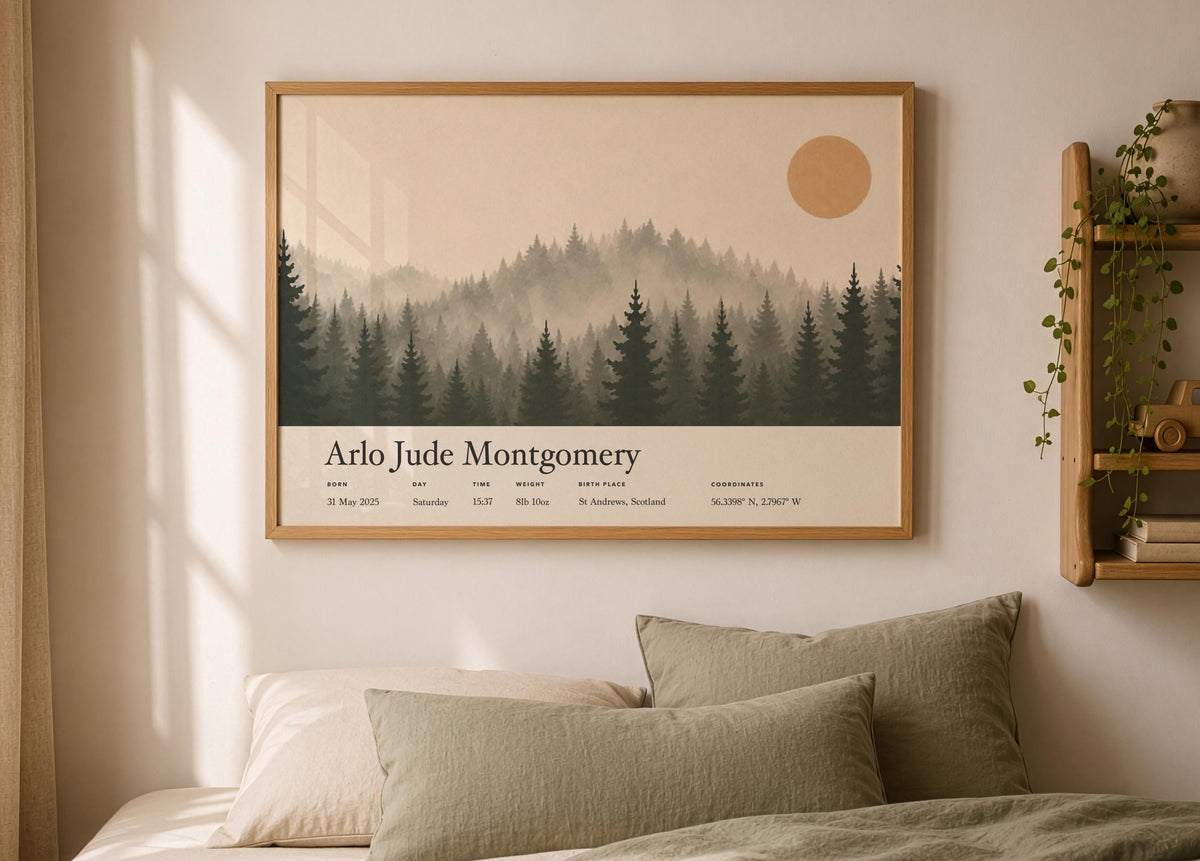 Personalised Birth Story Landscape Print | Forest Hills Nursery Wall Art | Framed or Unframed