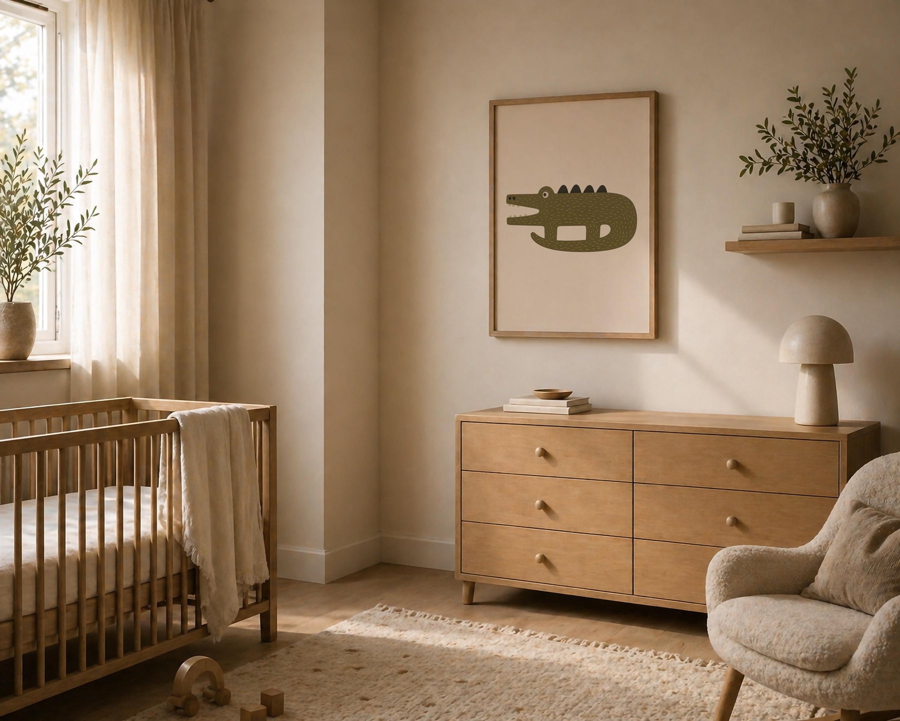 Hand-Painted Crocodile Print | Scandinavian Animal Art, Neutral Nursery Decor | Framed or Unframed