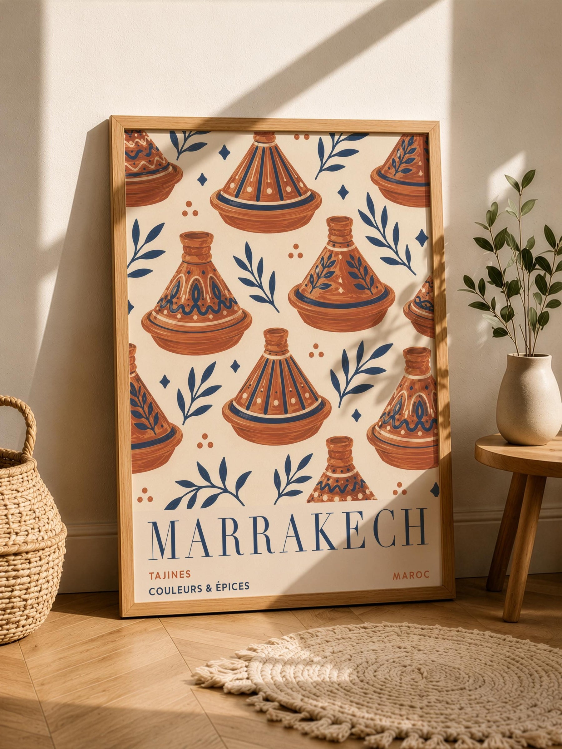 Marrakech Print | Hand-Painted Tagine Travel Poster, Moroccan Boho Kitchen Art | Framed or Unframed
