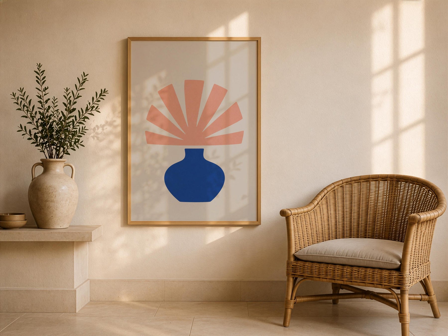 Bloom Abstract Blue Vase Botanical Print | Minimalist Mediterranean Wall Art | Framed or Unframed