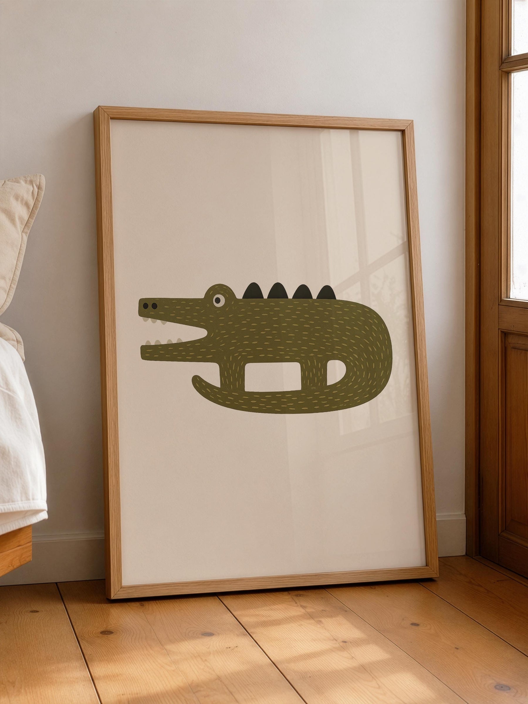 Hand-Painted Crocodile Print | Scandinavian Animal Art, Neutral Nursery Decor | Framed or Unframed