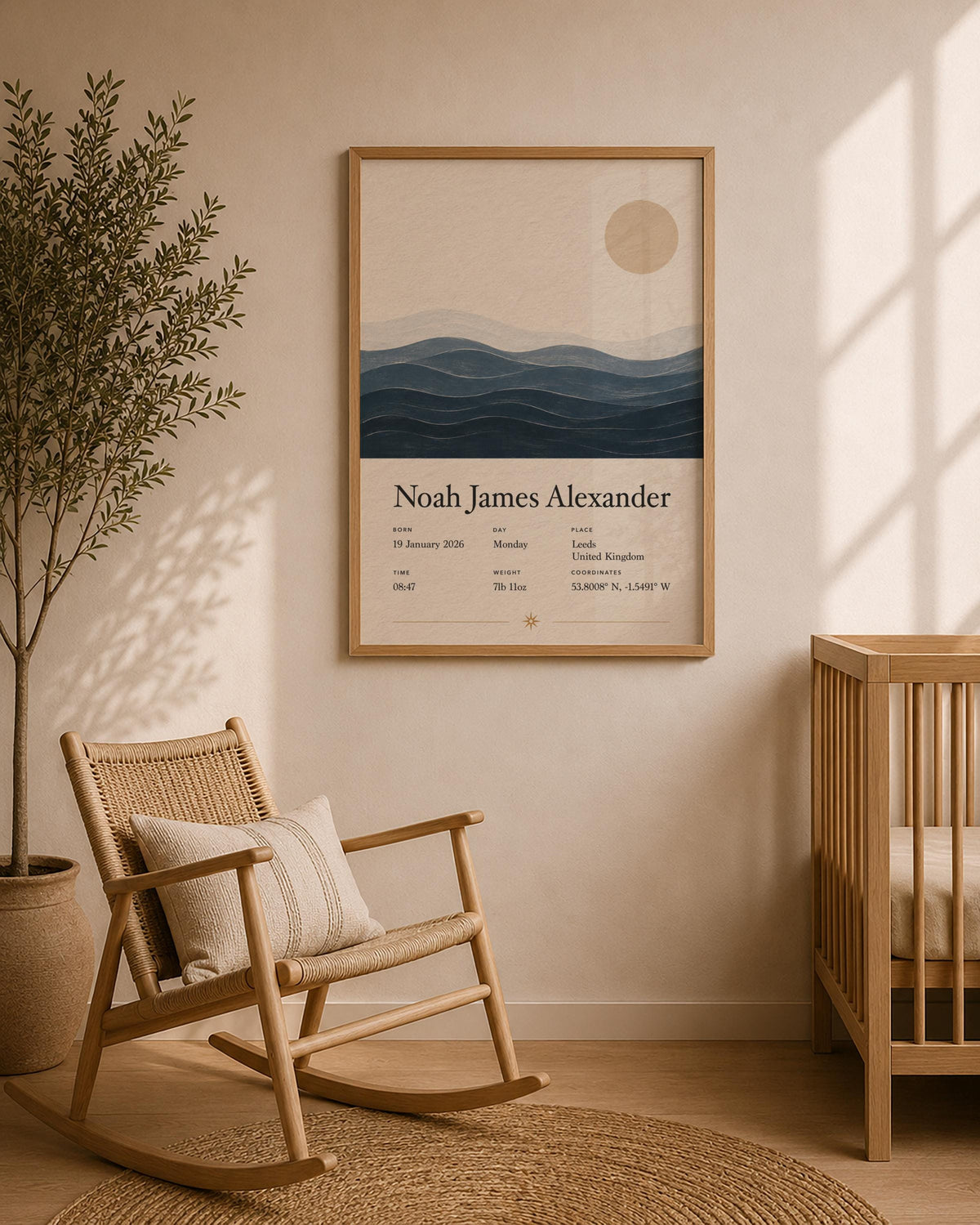 Personalised Birth Story Print | Ocean Waves Seascape Nursery Wall Art | Framed or Unframed