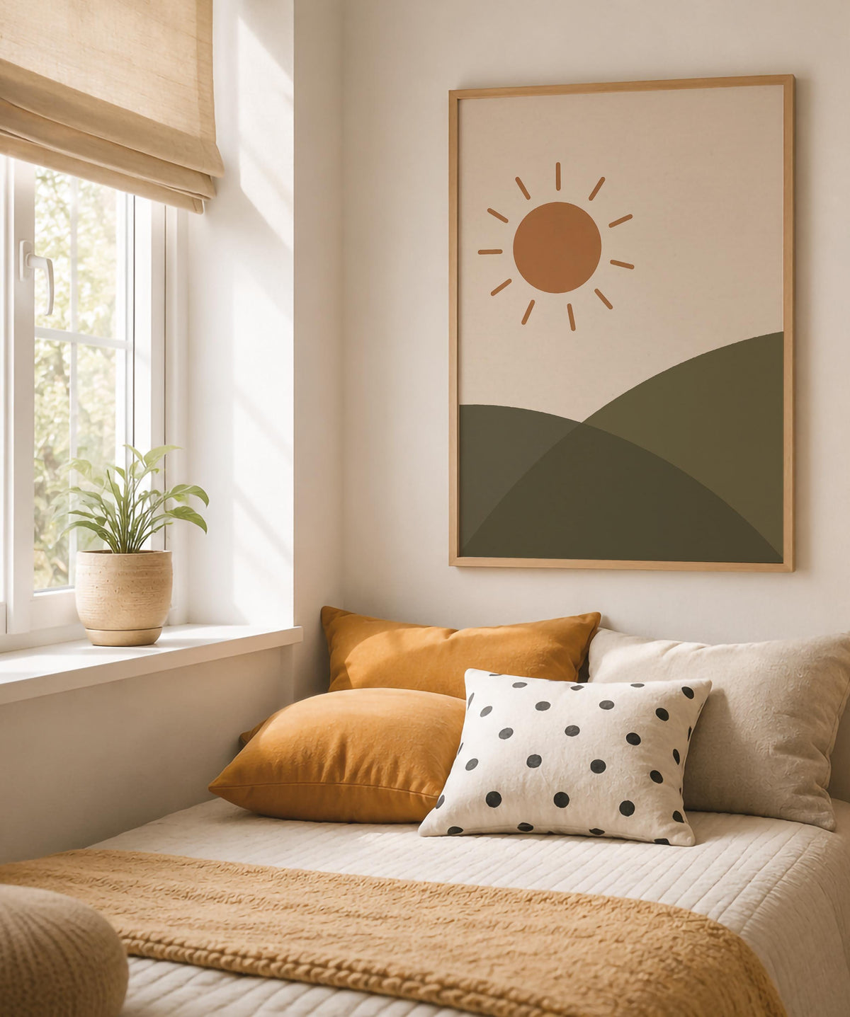 Sun Over Hills Print | Hand-Painted Landscape Wall Art | Framed or Unframed