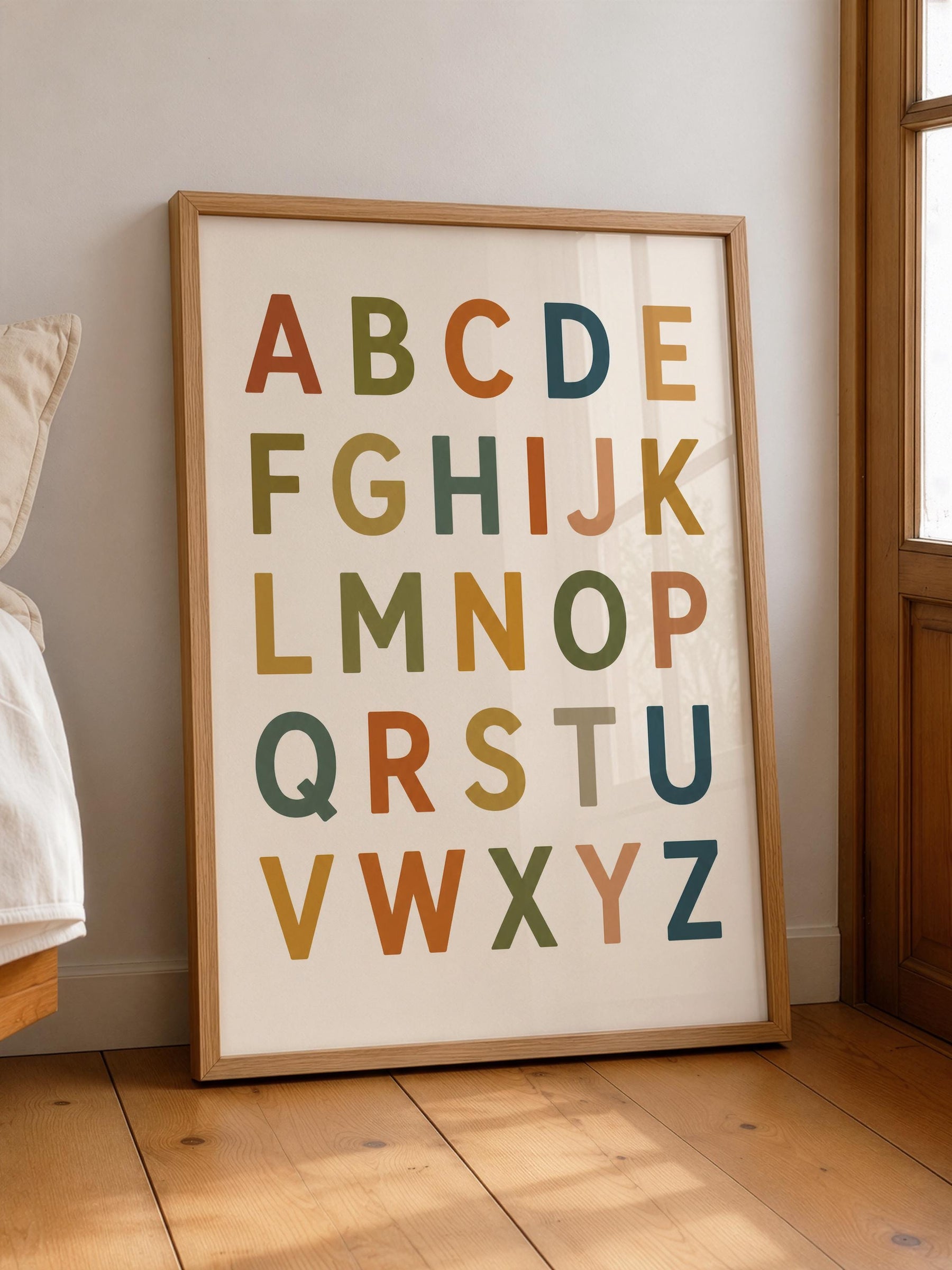 Colourful Alphabet Print | Modern ABC Nursery Decor, Educational Kids Wall Art | Framed or Unframed