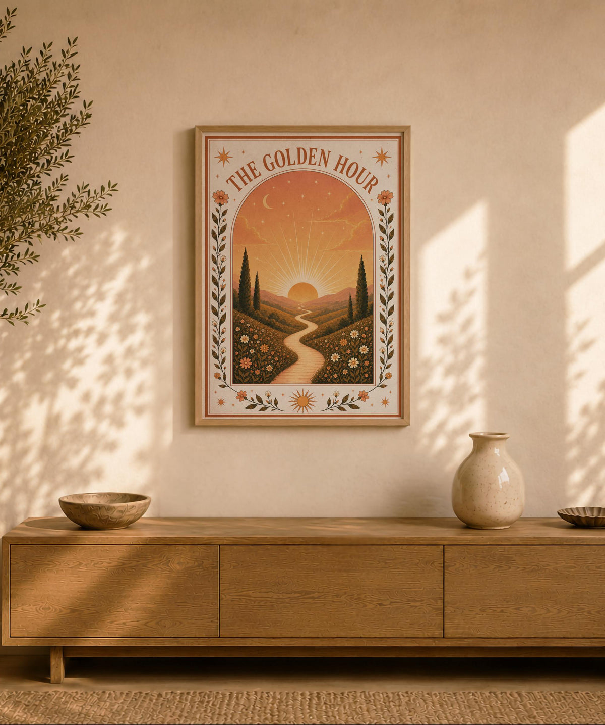The Golden Hour Print | Sunset Wall Art, Folk Art Landscape Illustration, Framed or Unframed