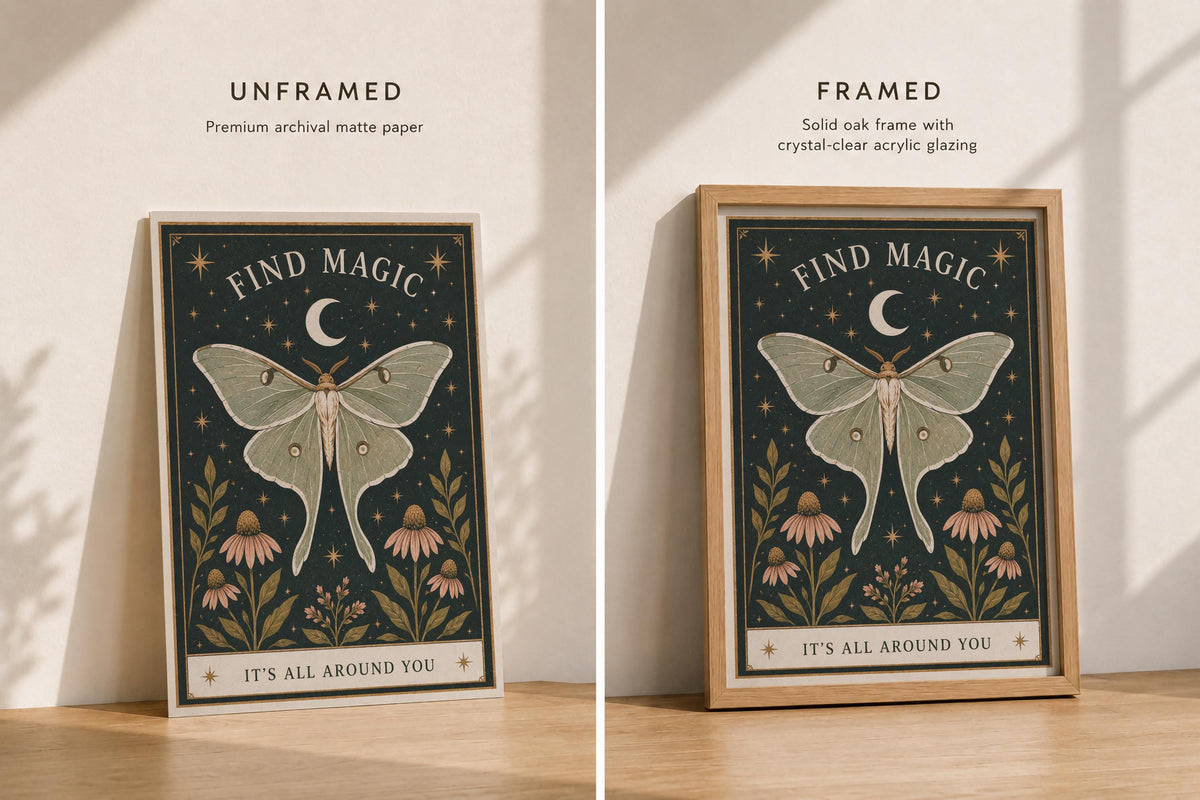 Find Magic Celestial Moth Nursery Print | Inspirational Magic Folk Art Nature Illustration | Framed or Unframed