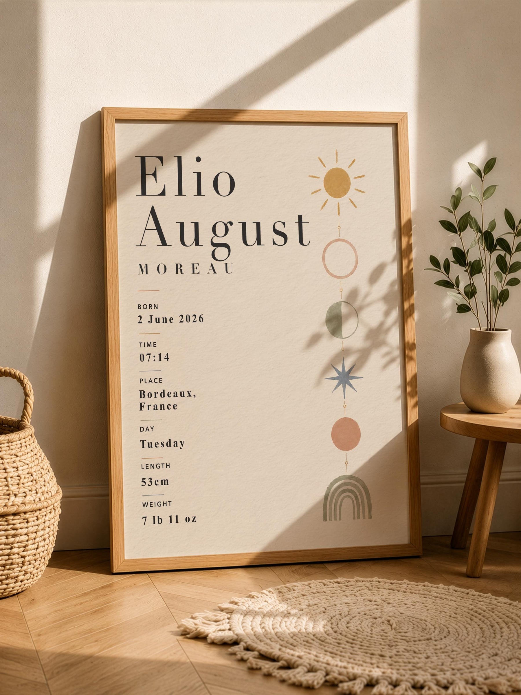 Personalised Baby Birth Record Print | Celestial Nursery Wall Art | Framed or Unframed