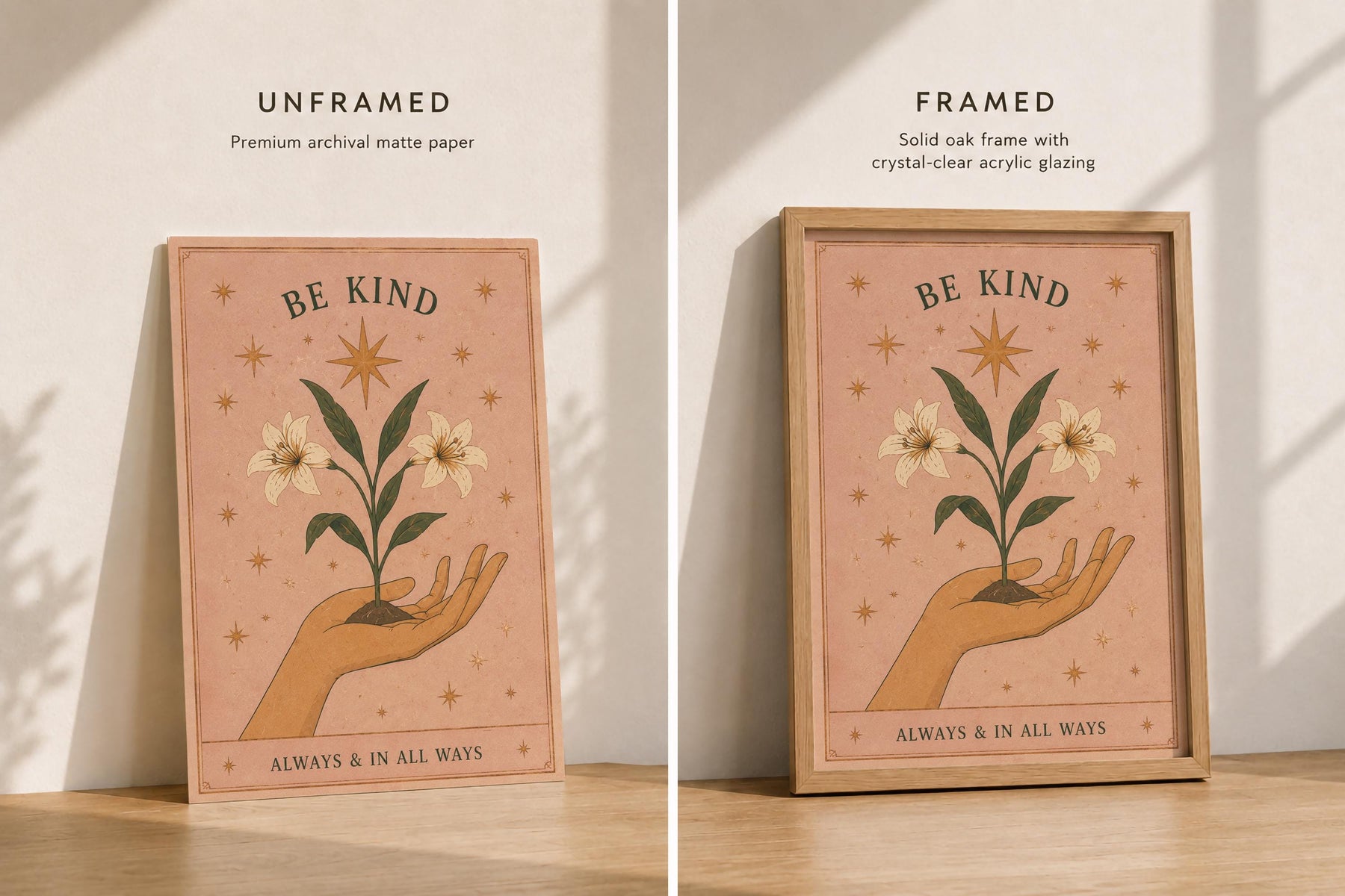 Be Kind Print | Inspirational Hand-Painted Floral Artwork, Celestial Folk Art | Framed or Unframed
