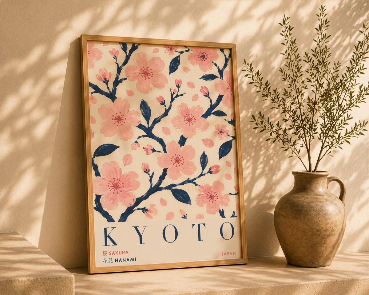 Kyoto Cherry Blossom Print | Hand-Painted Sakura Japanese Wall Art Travel Poster | Framed or Unframed