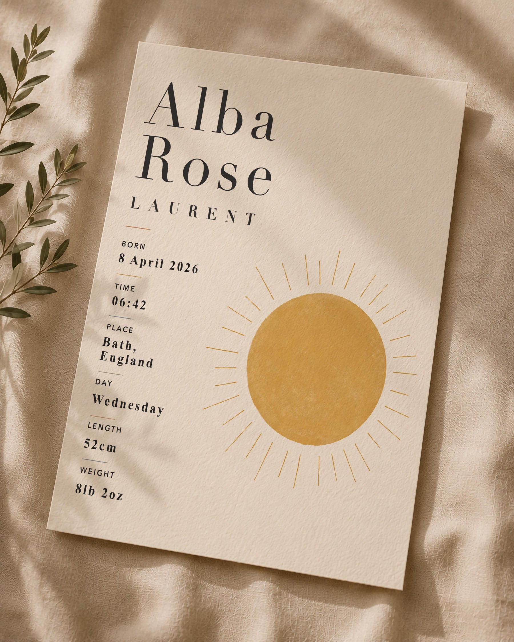 Personalised Sun Birth Record Print | Yellow Nursery Wall Art | Framed or Unframed
