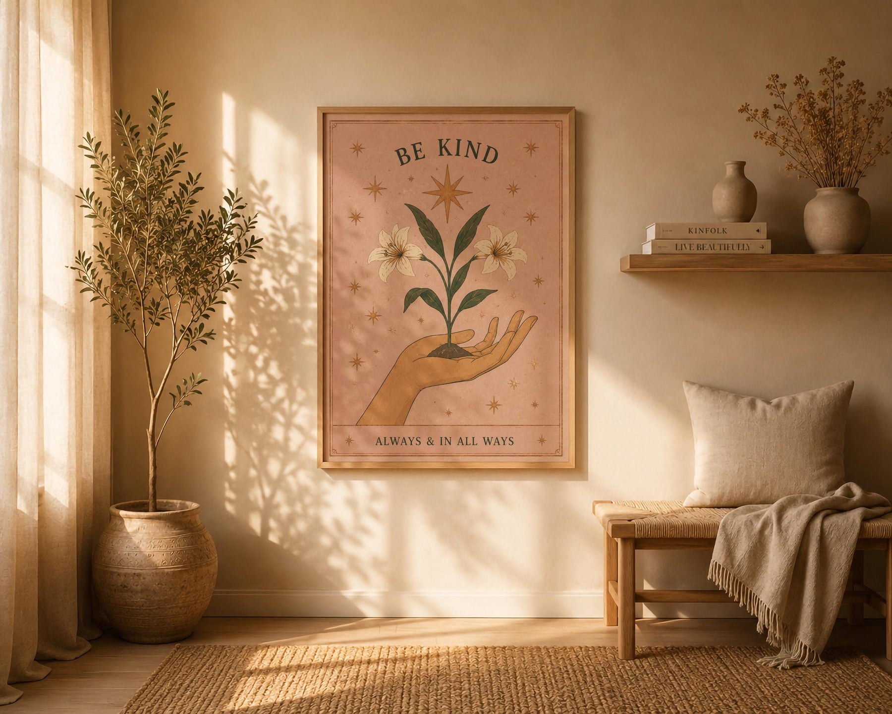Be Kind Print | Inspirational Hand-Painted Floral Artwork, Celestial Folk Art | Framed or Unframed