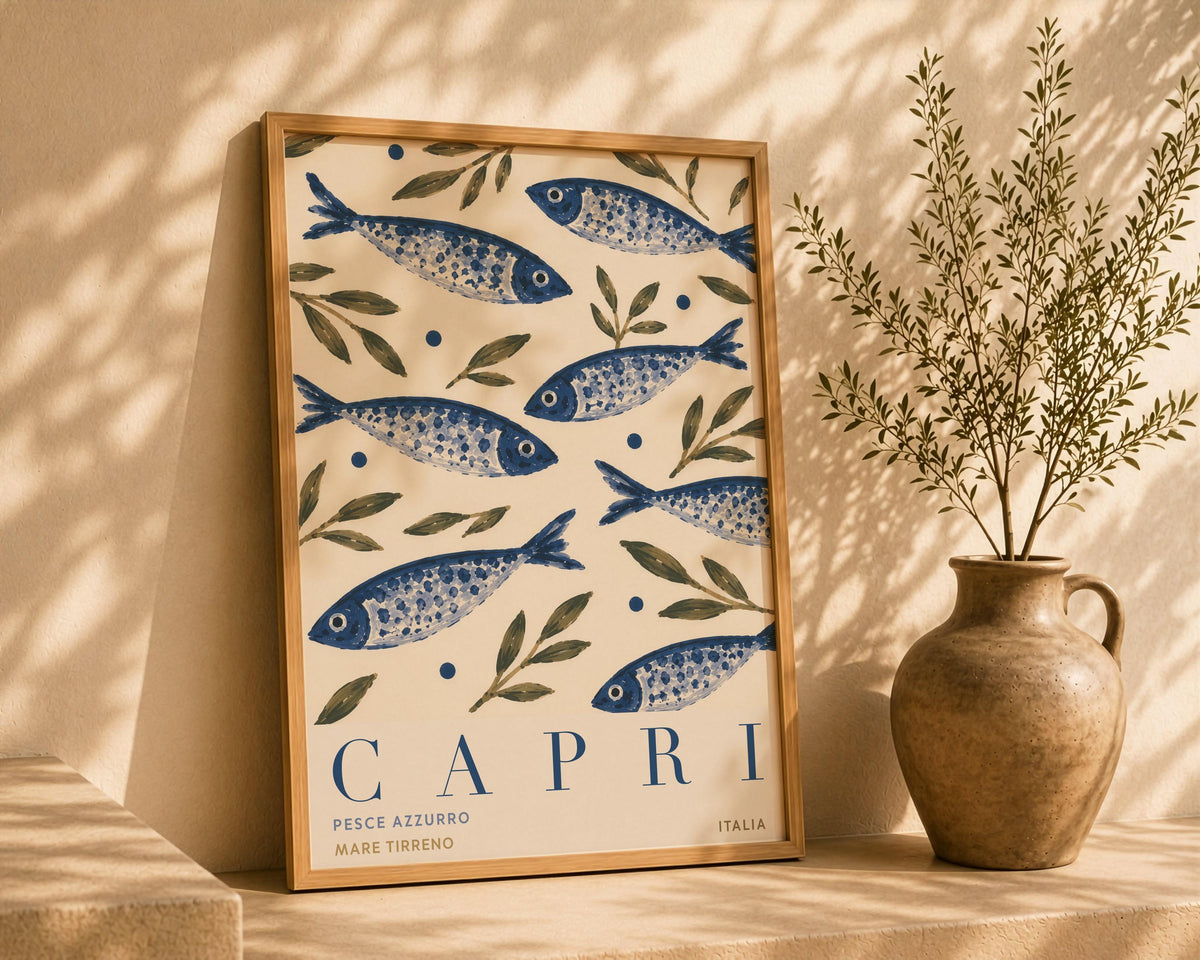 Capri Italy Fish Print | Hand-Painted Mediterranean Coastal Wall Art | Framed or Unframed