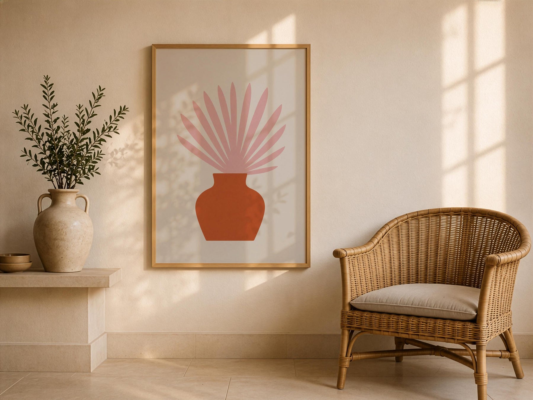 Botanical Vase Print | Ventaglio Pink Fan Palm, Mediterranean Wall Art | Framed or Unframed