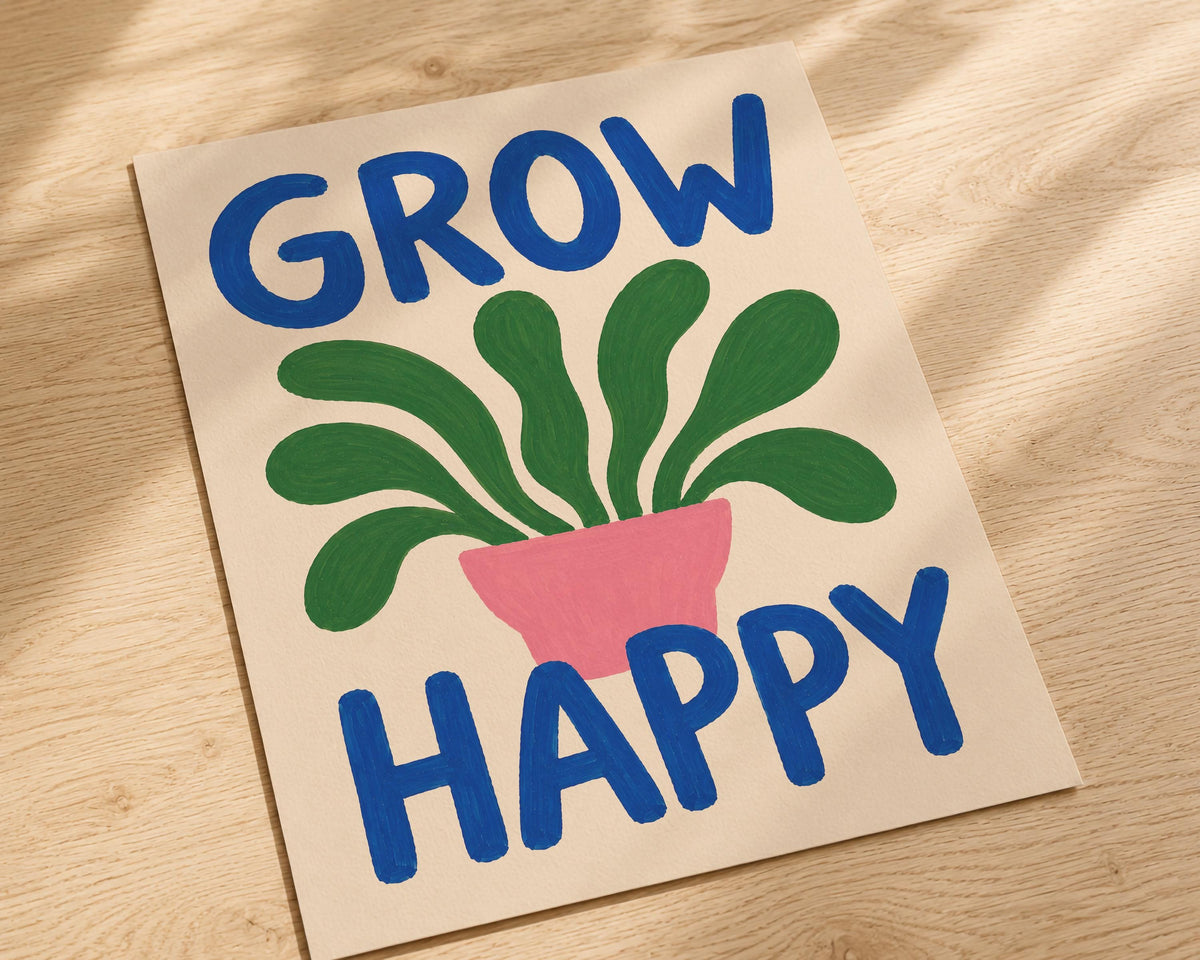 Grow Happy Hand-Painted Botanical Print | Inspirational Wall Art | Framed or Unframed