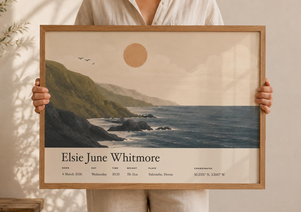 Personalised Birth Story Landscape Print | Coastal Nursery Wall Art | Framed or Unframed