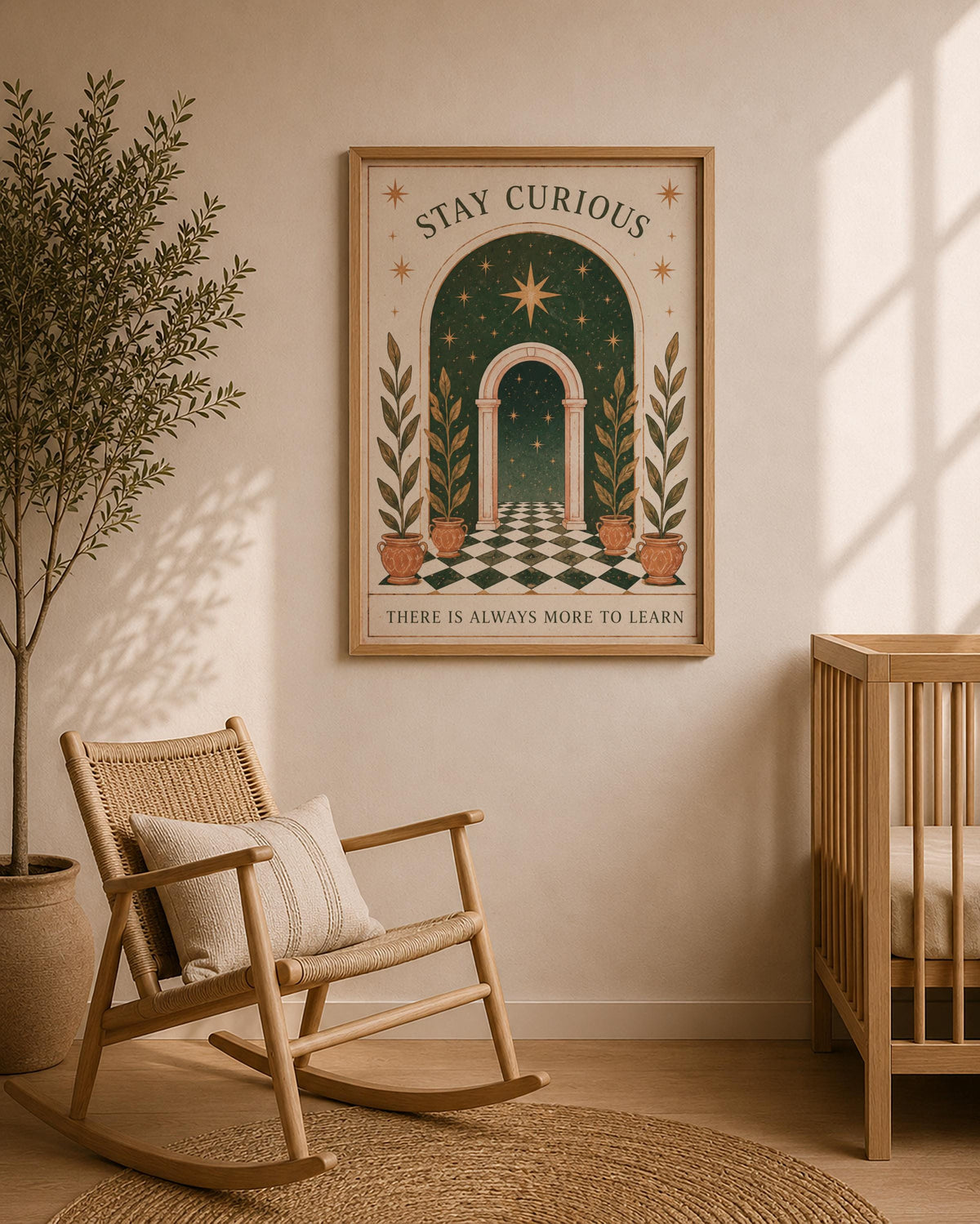 Stay Curious Folk Art Print | Celestial Nursery Wall Art, Botanical Illustration, Framed or Unframed