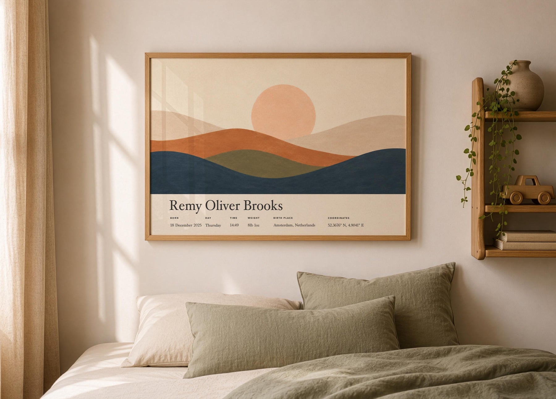 Personalised Birth Story Landscape Print | Rolling Hills Sunrise Nursery Art | Framed or Unframed