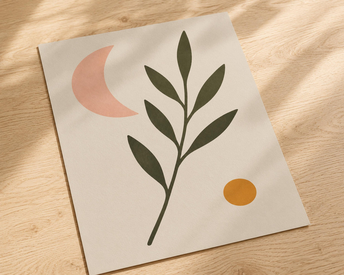 Luna Botanical Crescent Moon Print | Minimalist Scandinavian Wall Art | Framed or Unframed