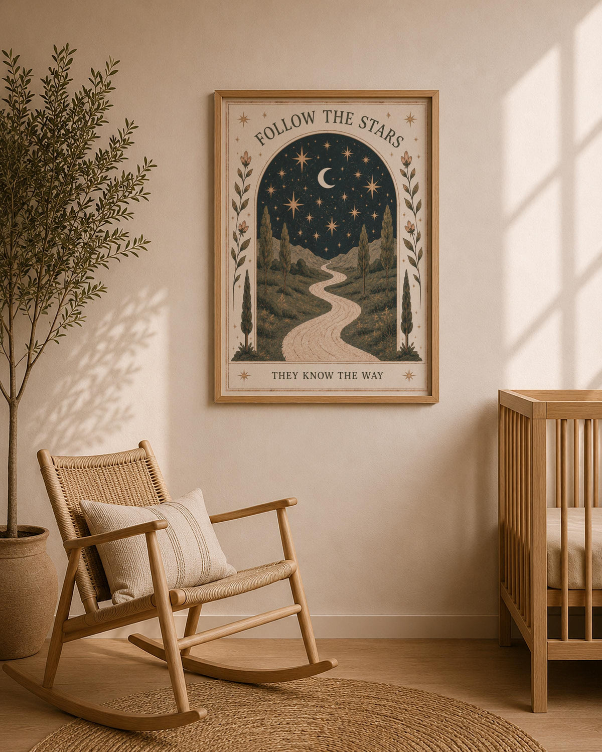 Follow The Stars Print | Celestial Moon Nursery Wall Art, Folk Landscape Illustration, Framed or Unframed
