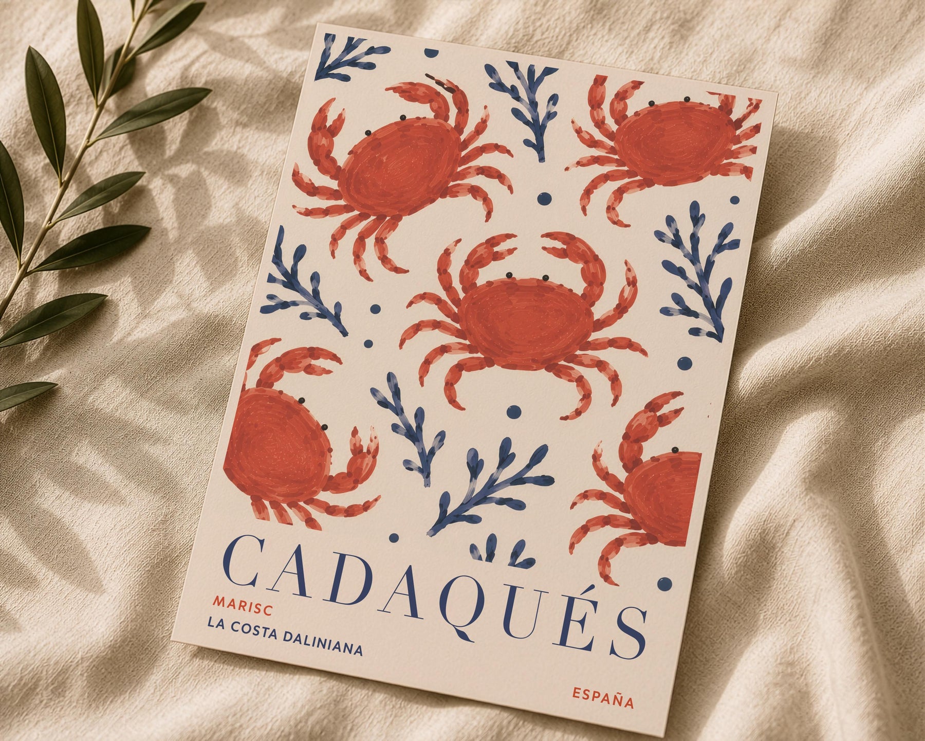 Cadaqués Spain Travel Poster | Hand-Painted Crab Coastal Mediterranean Wall Art | Framed or Unframed