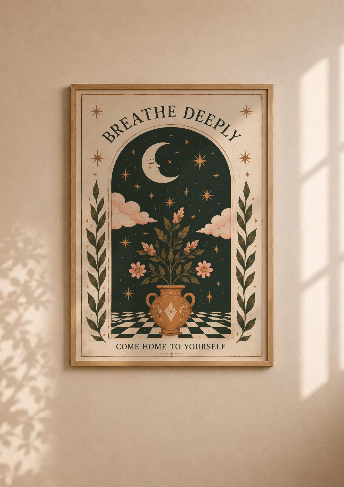 Breathe Deeply Print | Celestial Folk Art, Inspirational Moon Wall Art, Framed or Unframed