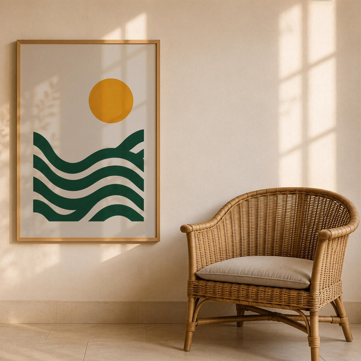 Abstract Landscape Seascape Print | Green Waves, Sun Illustration, Coastal Wall Art | Framed or Unframed