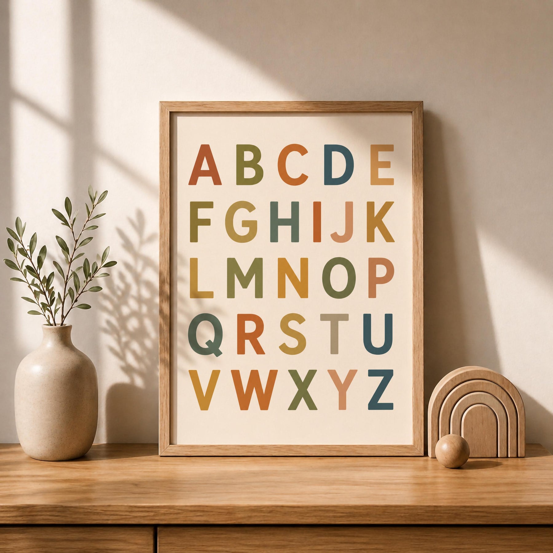Colourful Alphabet Print | Modern ABC Nursery Decor, Educational Kids Wall Art | Framed or Unframed