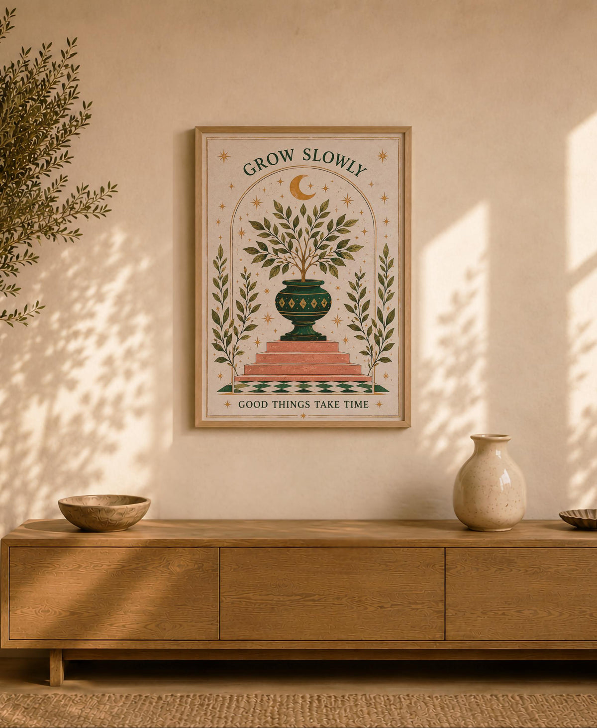 Grow Slowly Olive Tree Botanical Print | Inspirational Celestial Folk Nursery Wall Art | Framed or Unframed