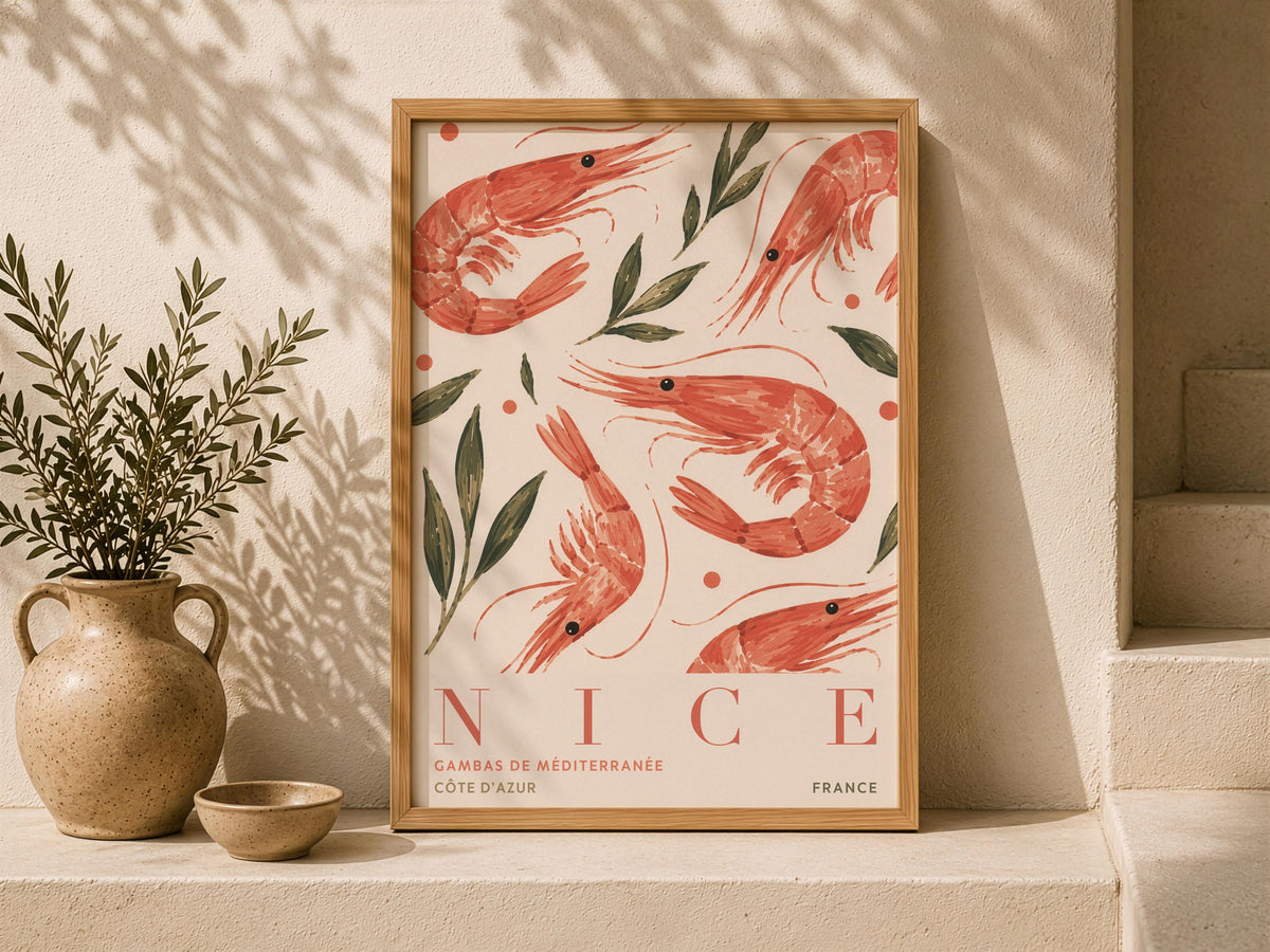Nice France Travel Poster | Hand-Painted Shrimp, Côte d’Azur Coastal Art | Framed or Unframed