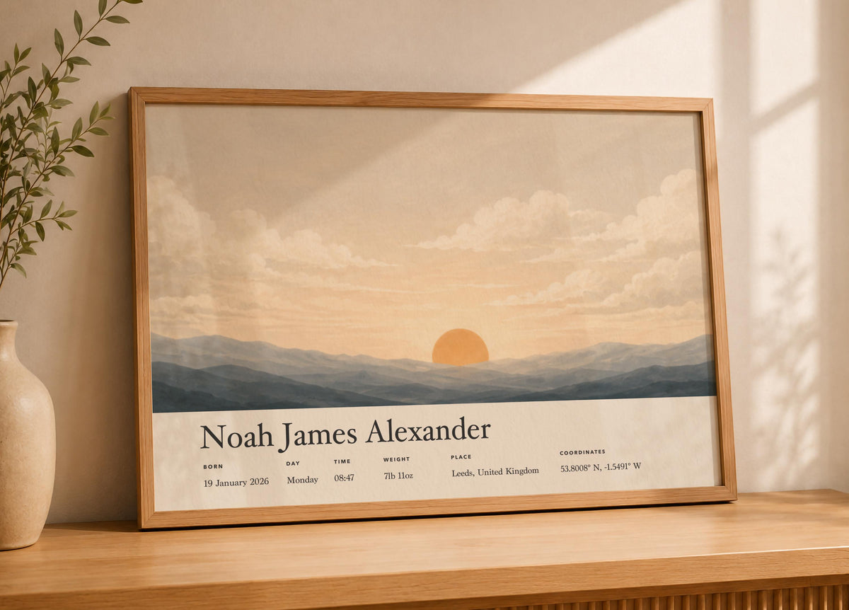 Personalised Birth Story Print | Sunrise Sunset Seascape Nursery Wall Art | Framed or Unframed