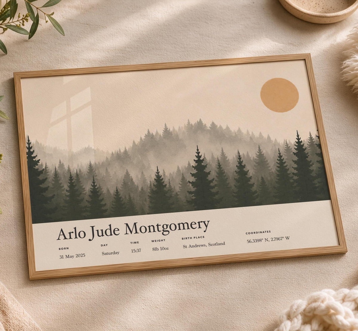 Personalised Birth Story Landscape Print | Forest Hills Nursery Wall Art | Framed or Unframed