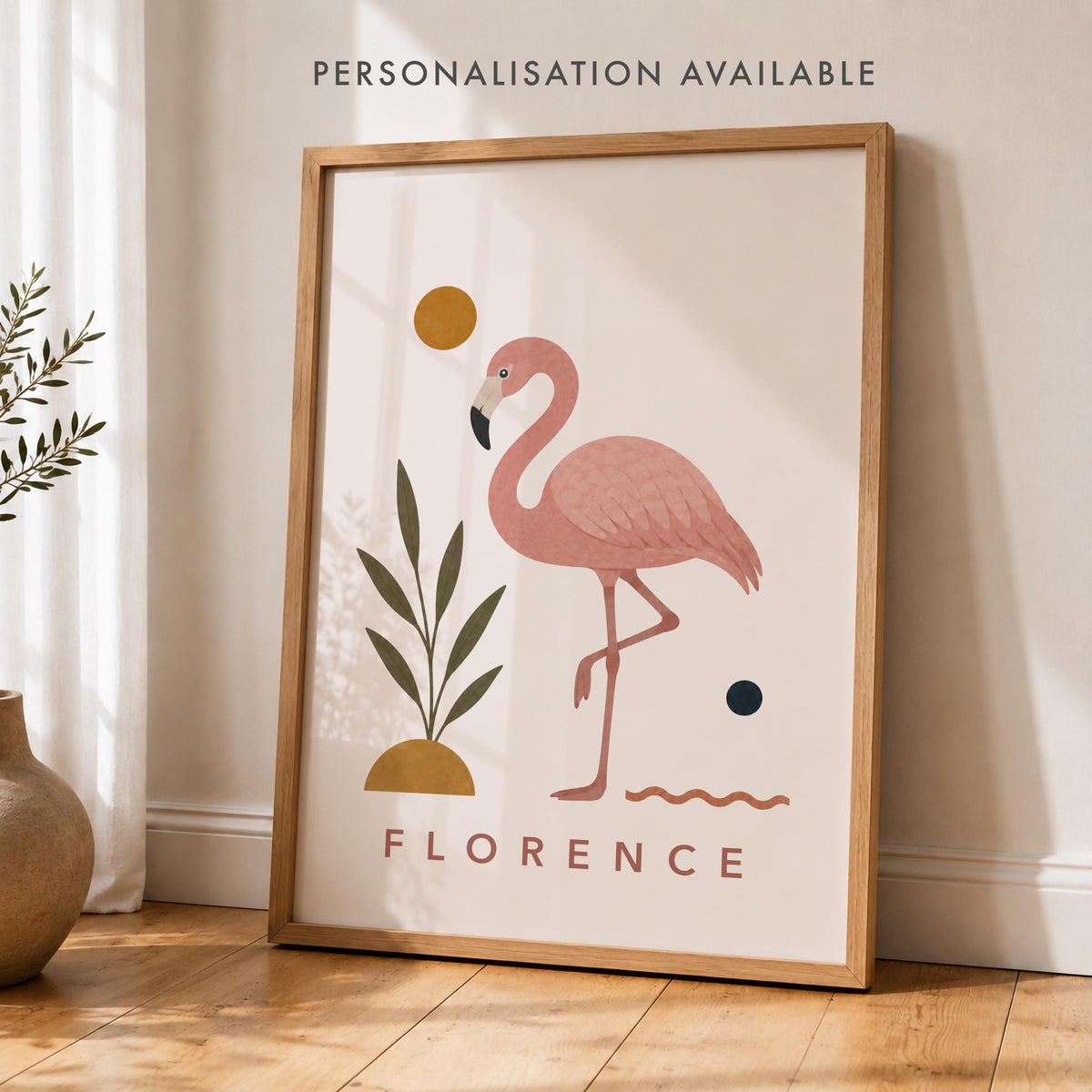 Personalised Flamingo Nursery Print, Modern Playroom Tropical Bird Wall Art, Framed or Unframed Poster