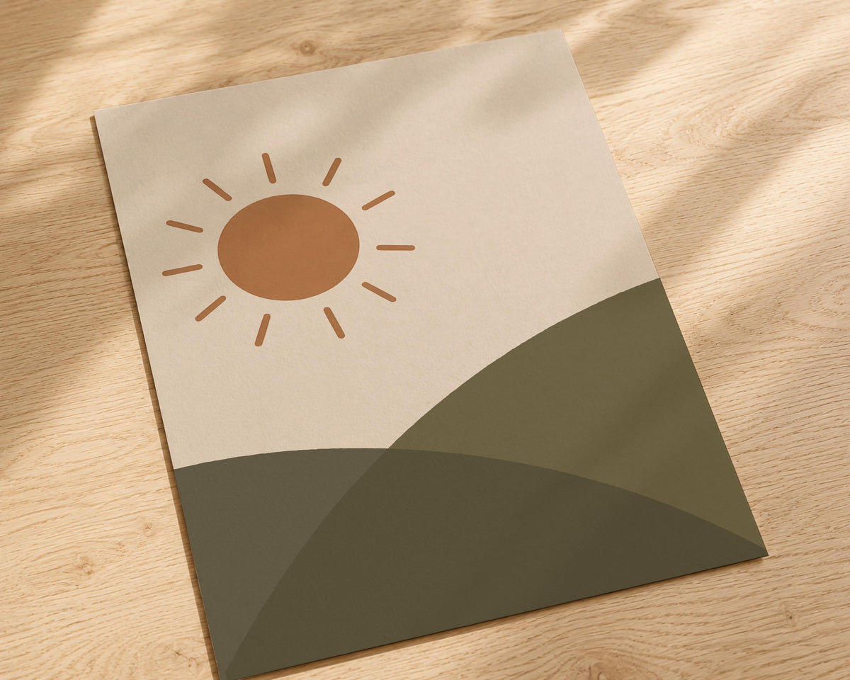 Sun Over Hills Print | Hand-Painted Landscape Wall Art | Framed or Unframed