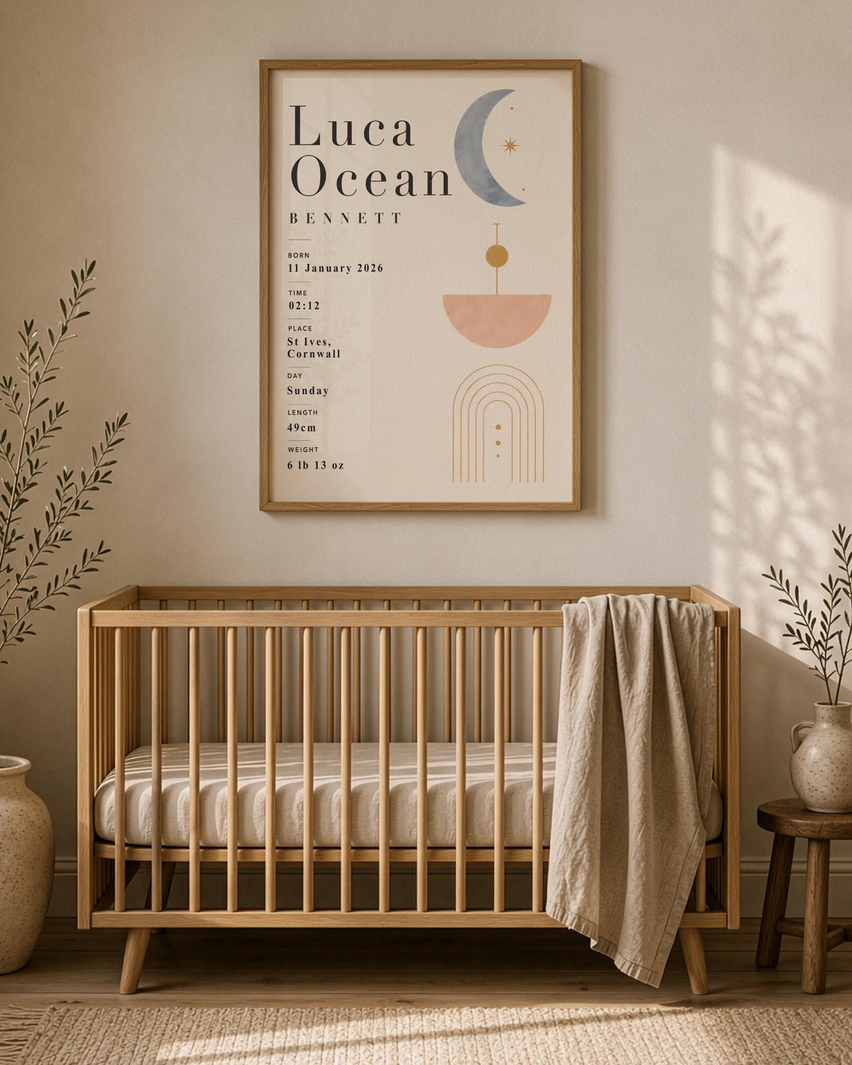 Personalised Celestial Birth Record Print | Modern Nursery Wall Art | Framed or Unframed