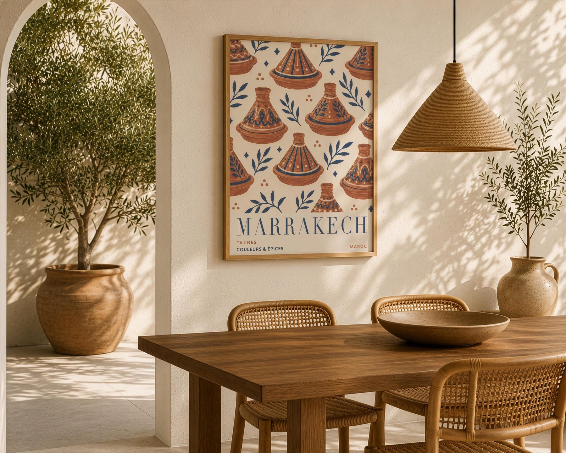 Marrakech Print | Hand-Painted Tagine Travel Poster, Moroccan Boho Kitchen Art | Framed or Unframed
