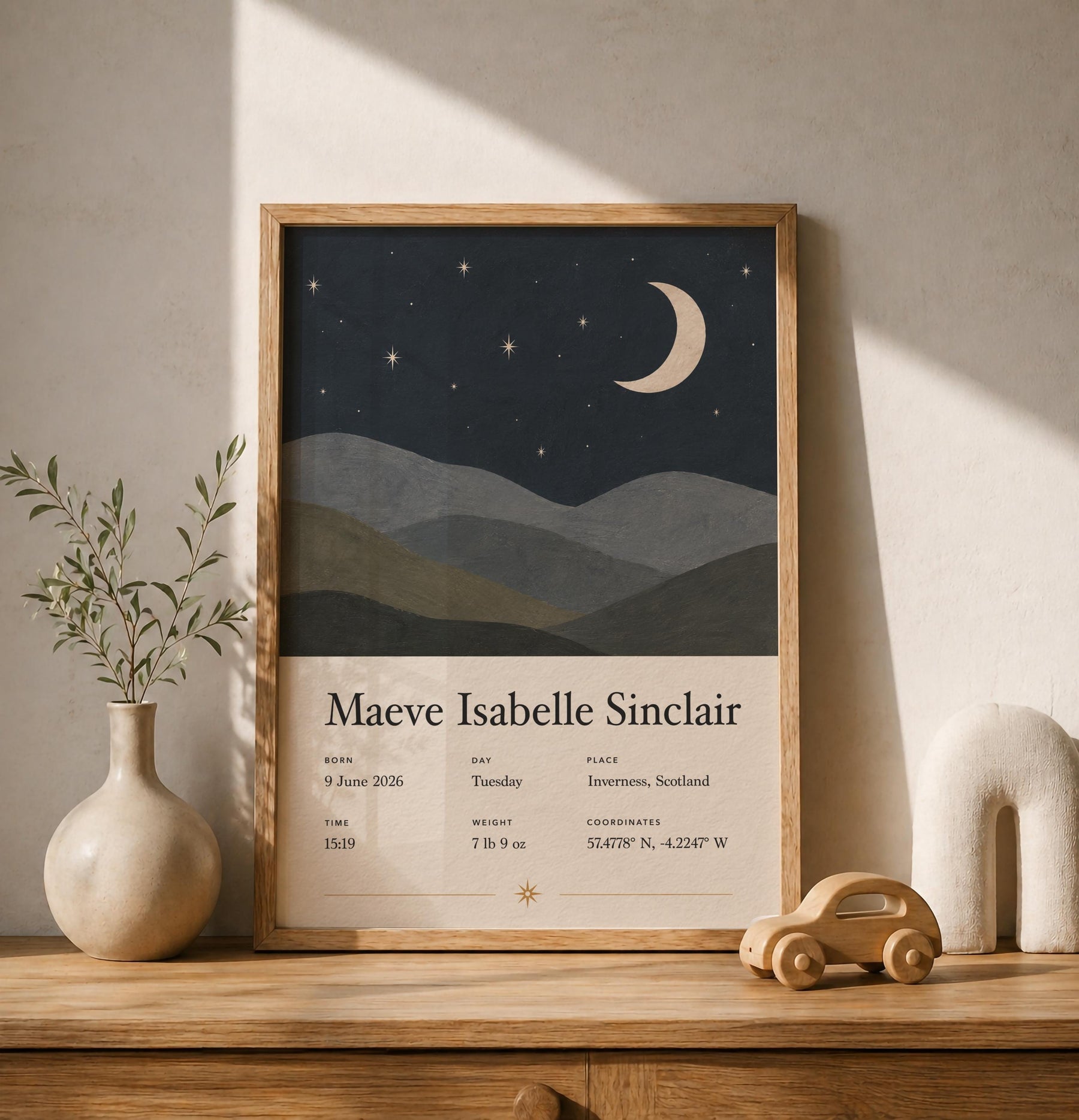 Personalised Moon Stars Birth Story Print | Custom Nursery Wall Art | Framed or Unframed