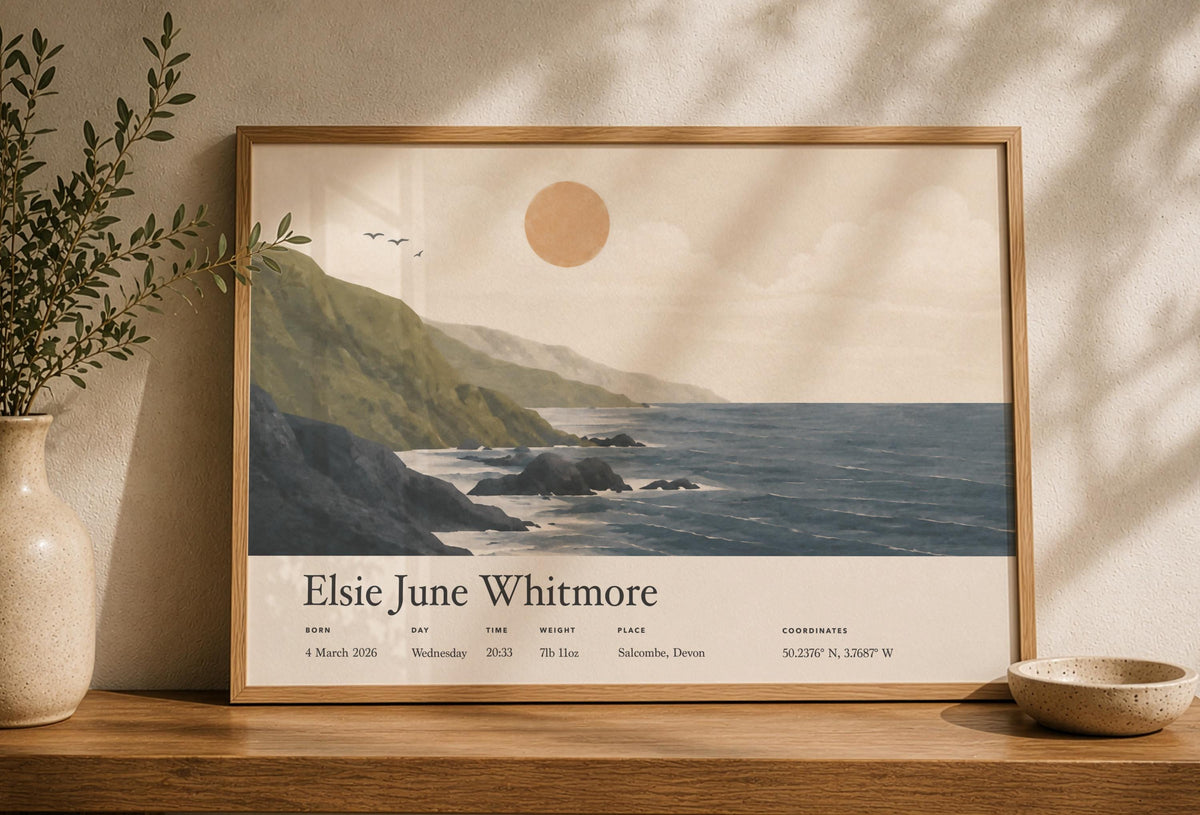 Personalised Birth Story Landscape Print | Coastal Nursery Wall Art | Framed or Unframed