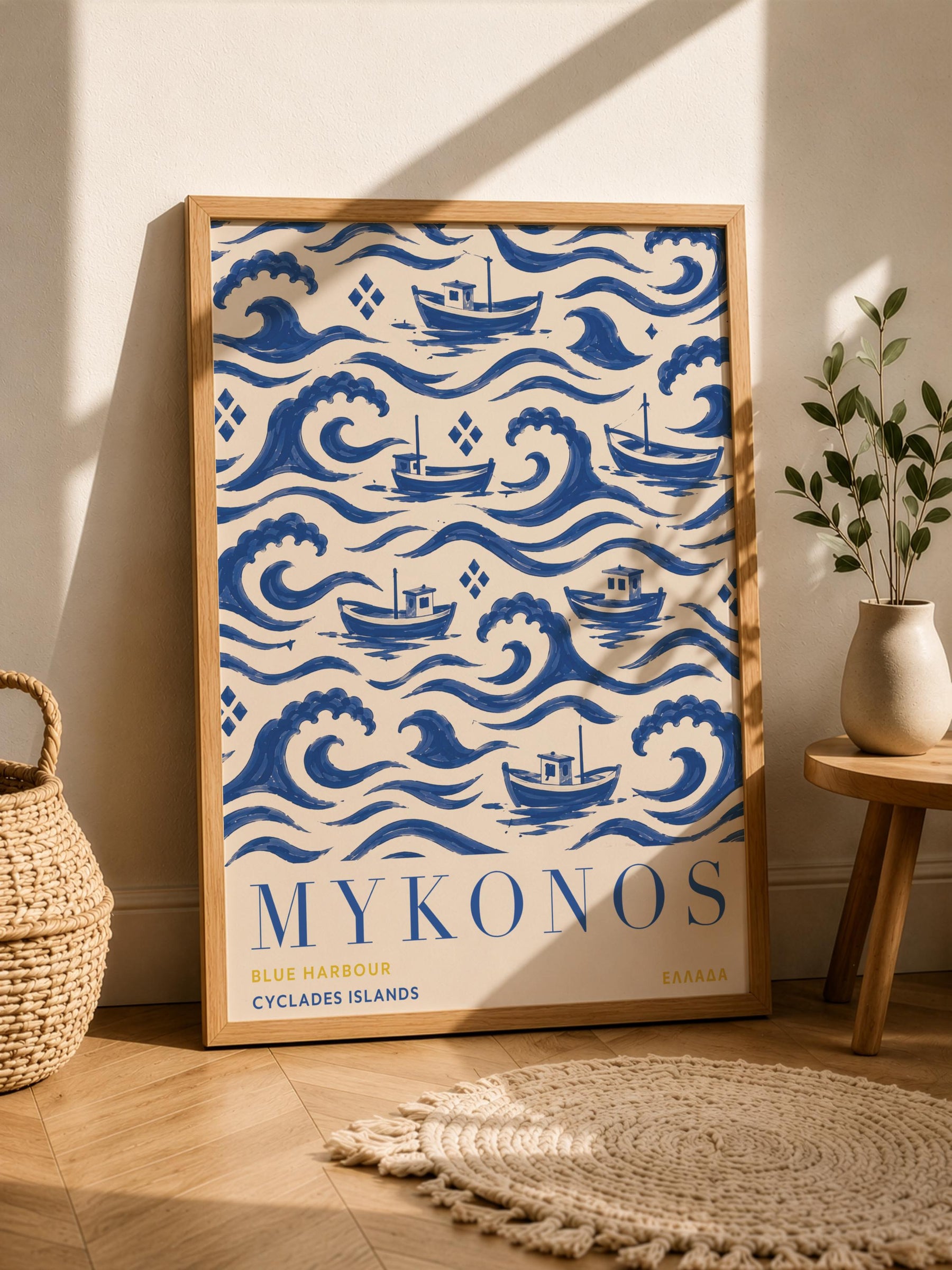 Mykonos Print | Hand-Painted Greek Island Travel Poster, Coastal Nautical Decor | Framed or Unframed