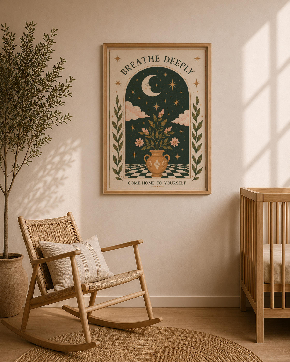 Breathe Deeply Print | Celestial Folk Art, Inspirational Moon Wall Art, Framed or Unframed