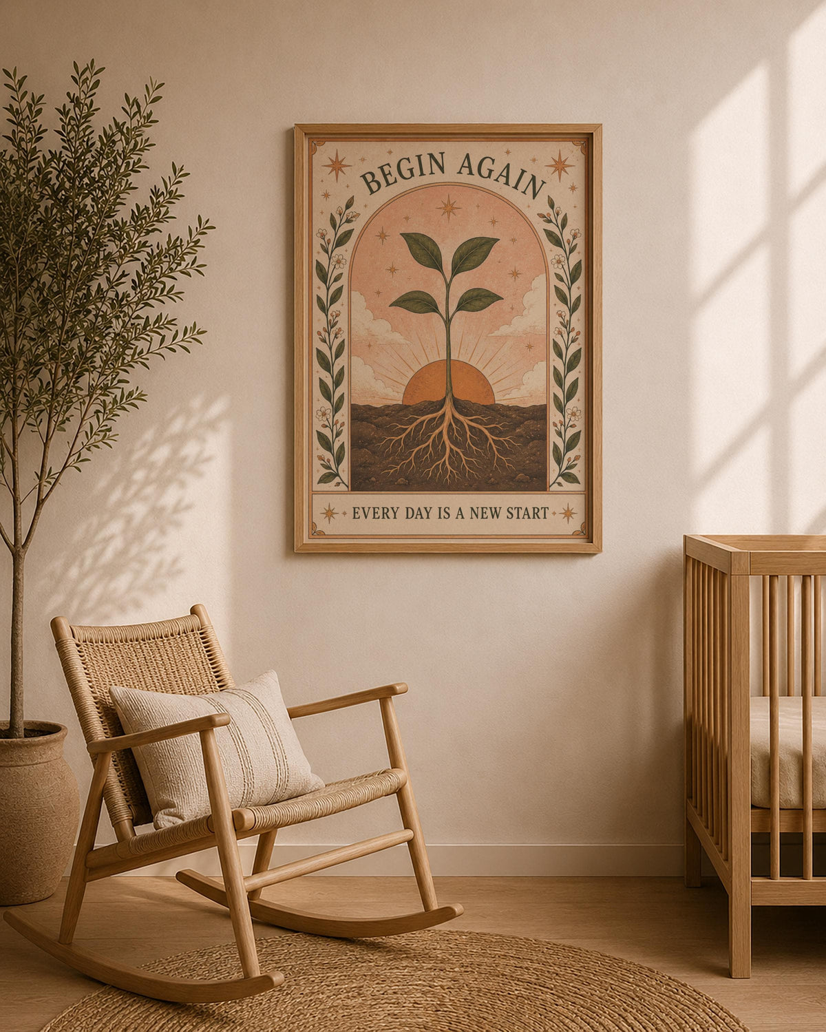 Begin Again Print | Botanical Folk Art Illustration | Framed or Unframed