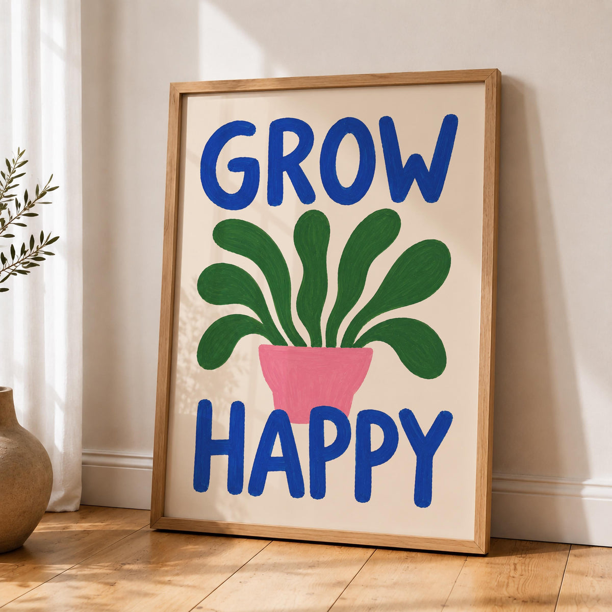 Grow Happy Hand-Painted Botanical Print | Inspirational Wall Art | Framed or Unframed