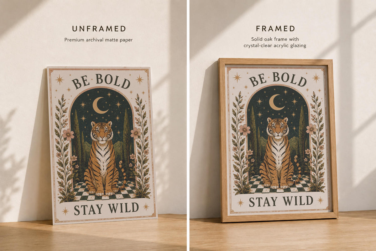 Be Bold Stay Wild Tiger Folk Art Print | Inspirational Moonlit Landscape Wall Decor | Framed or Unframed