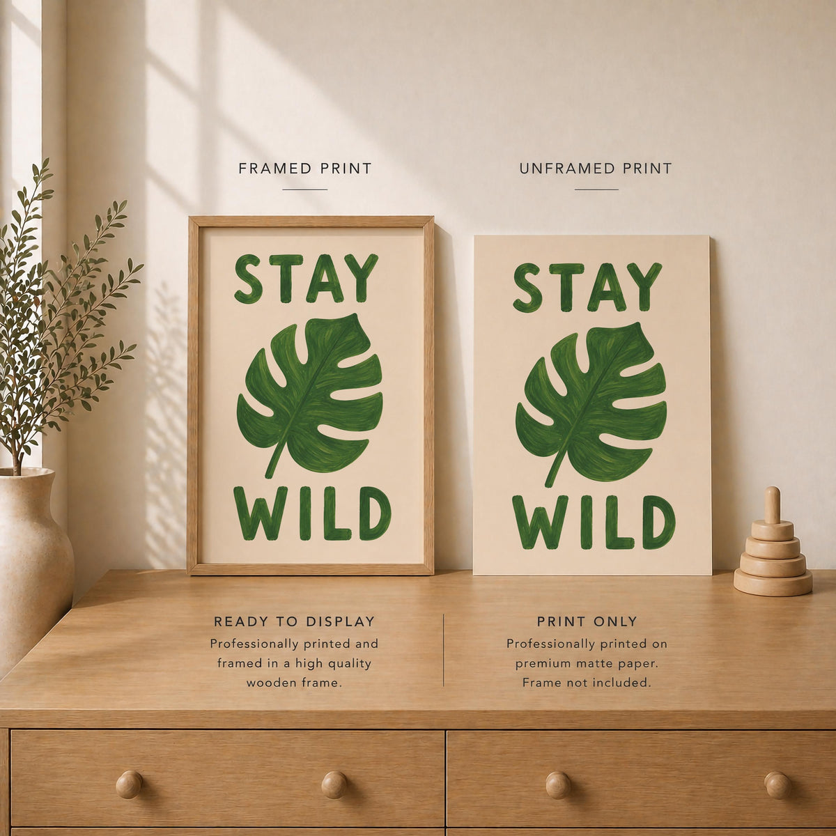 Stay Wild Monstera Leaf Print | Hand-Painted Botanical Kids Nursery Wall Art | Framed or Unframed