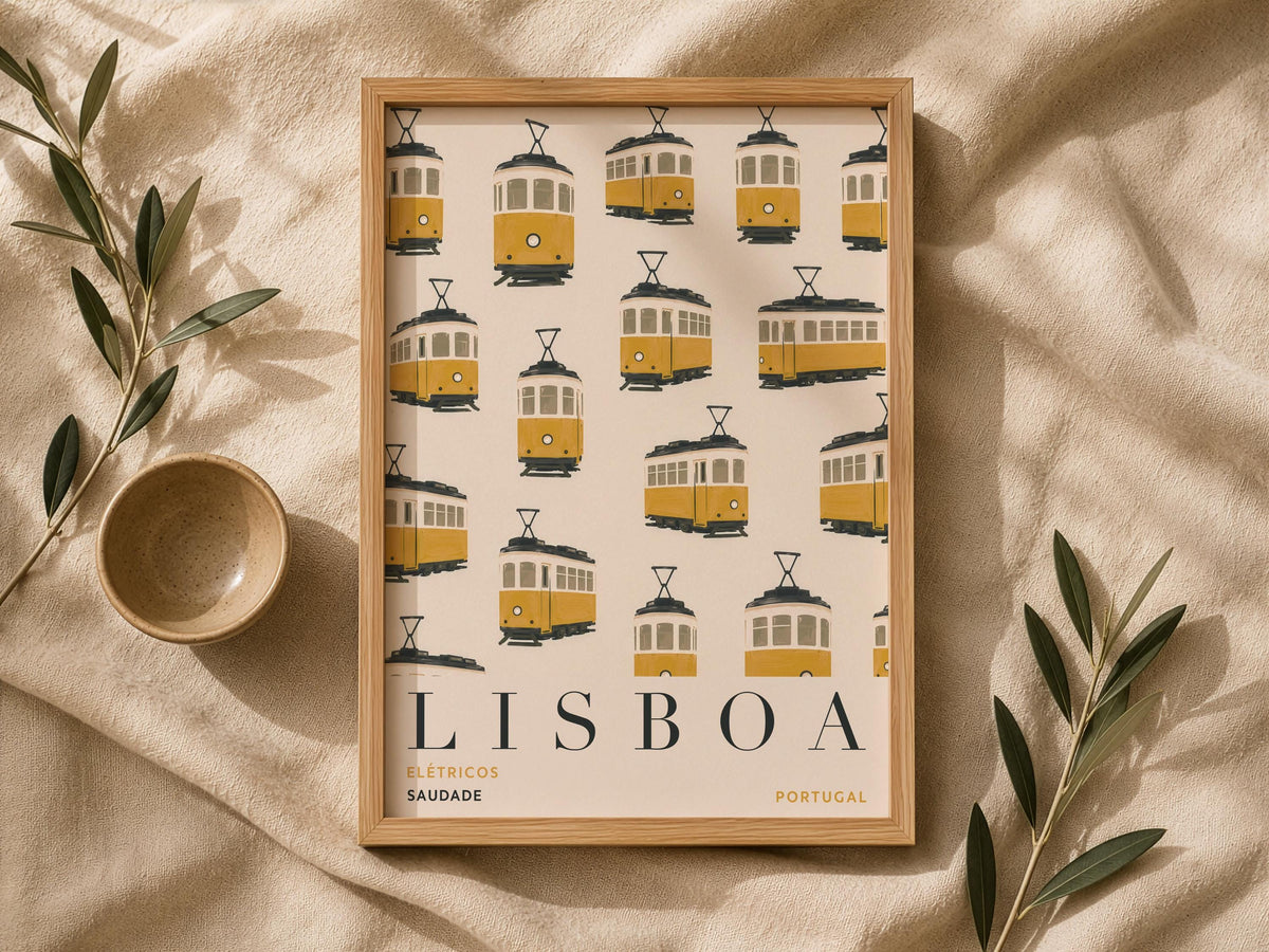 Lisbon Print | Yellow Tram Wall Art, Hand-Painted Portugal Travel Poster | Framed or Unframed